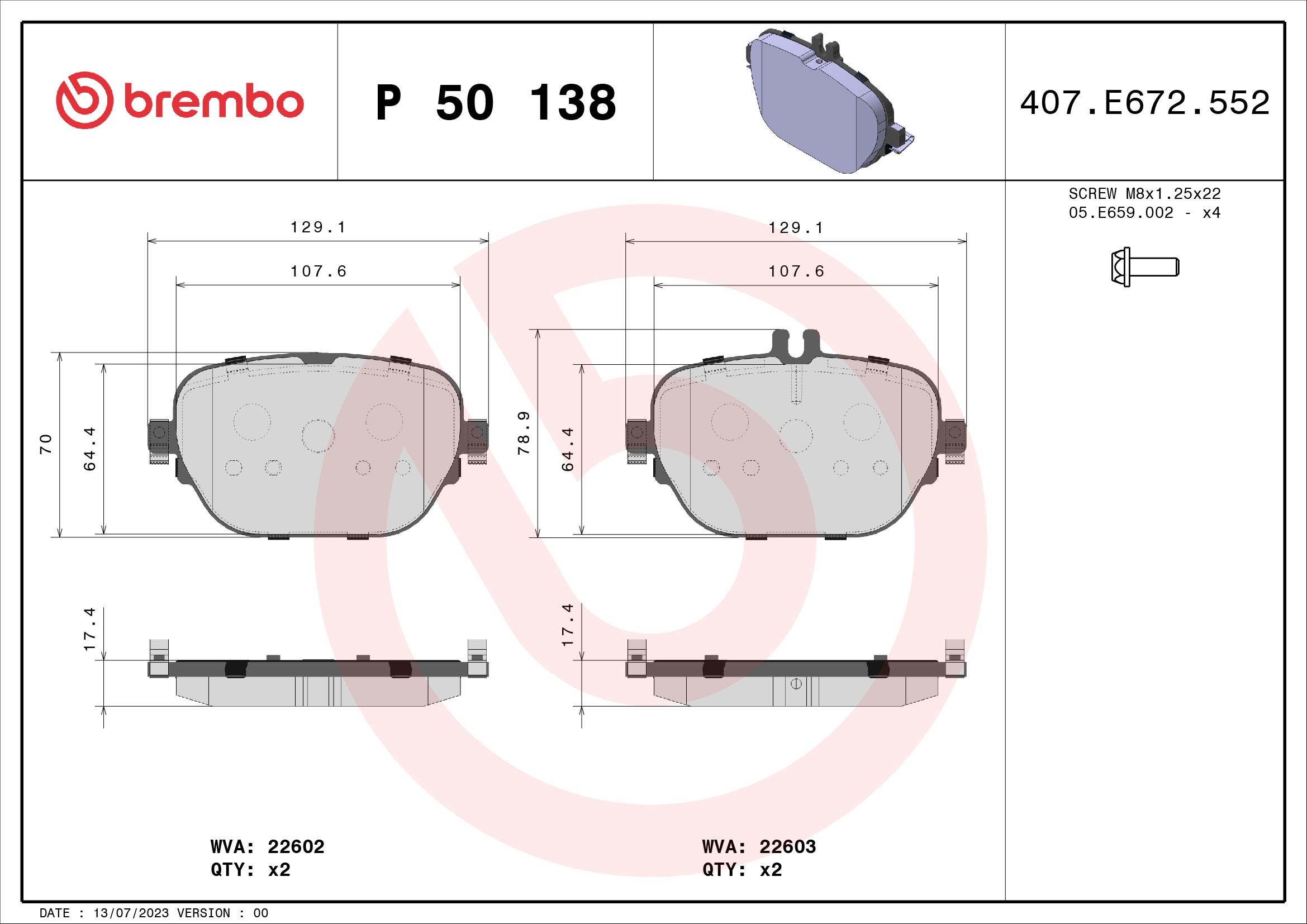 A.B.S. P 50 138 BREMBO Bremsbelagsatz, Scheibenbremse